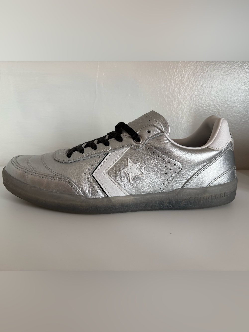 Converse Silver Leather Low-Top Sneaker with White Chevron Star